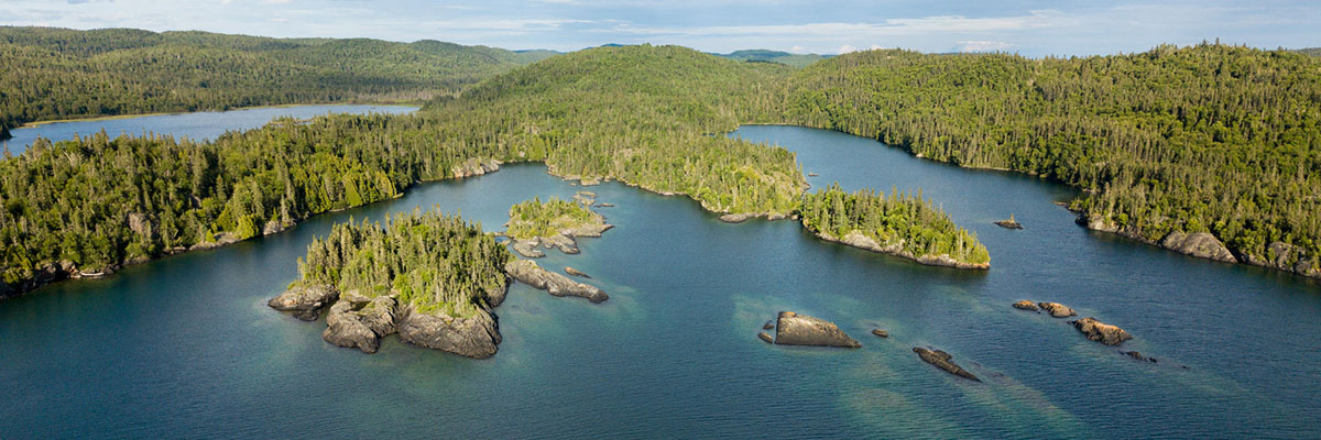An aerial view of a group of islands with lush green trees in a clear blue lake.