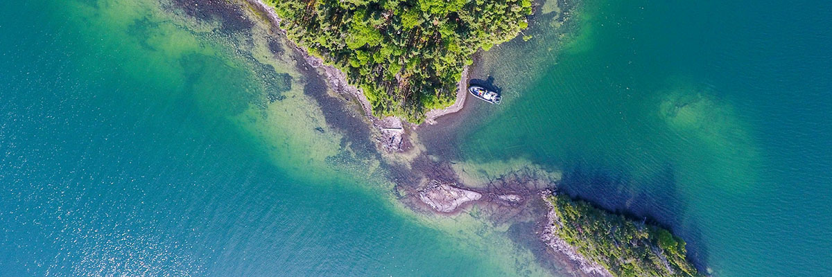 An aerial view of a lush green island in a clear blue lake with a small boat docked at its shore.