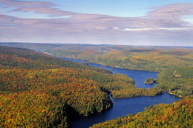 An aerial view of an expansive landscape of rolling forested hills in fall colours, surrounding a winding blue lake. 