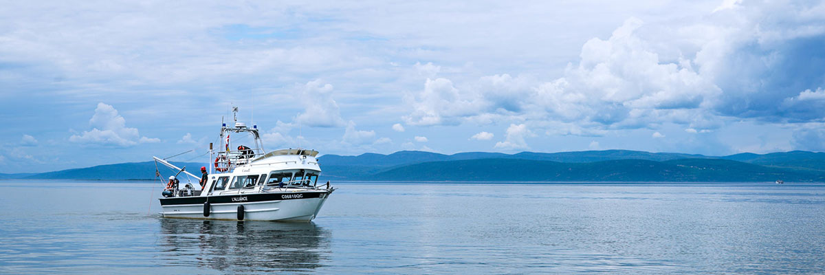 A white research boat with several people on board floats on a calm bay. Mountains are visible in the background.