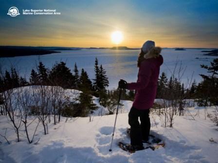 Snowshoeing at sunset