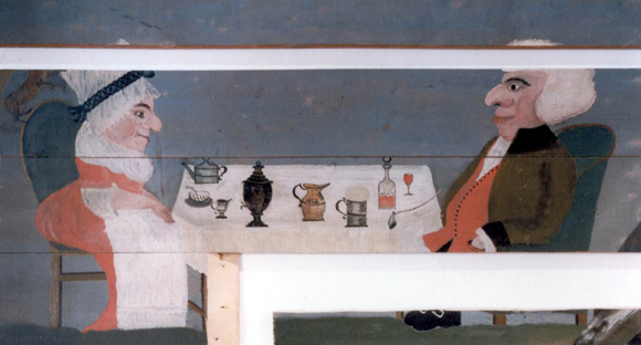 A painting done on wooden boards. A woman and man in traditional clothing sitting at a table with a tea set on the table.