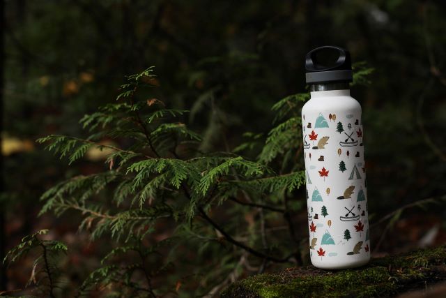 A water bottle with camping motifs on a stump in the middle of the forest.