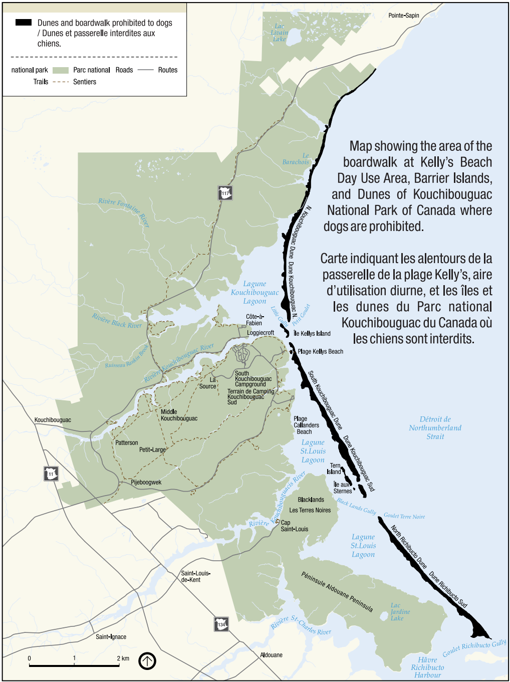 Kouchibouguac National Park Map. Dunes and boardwalk prohibited to dogs.